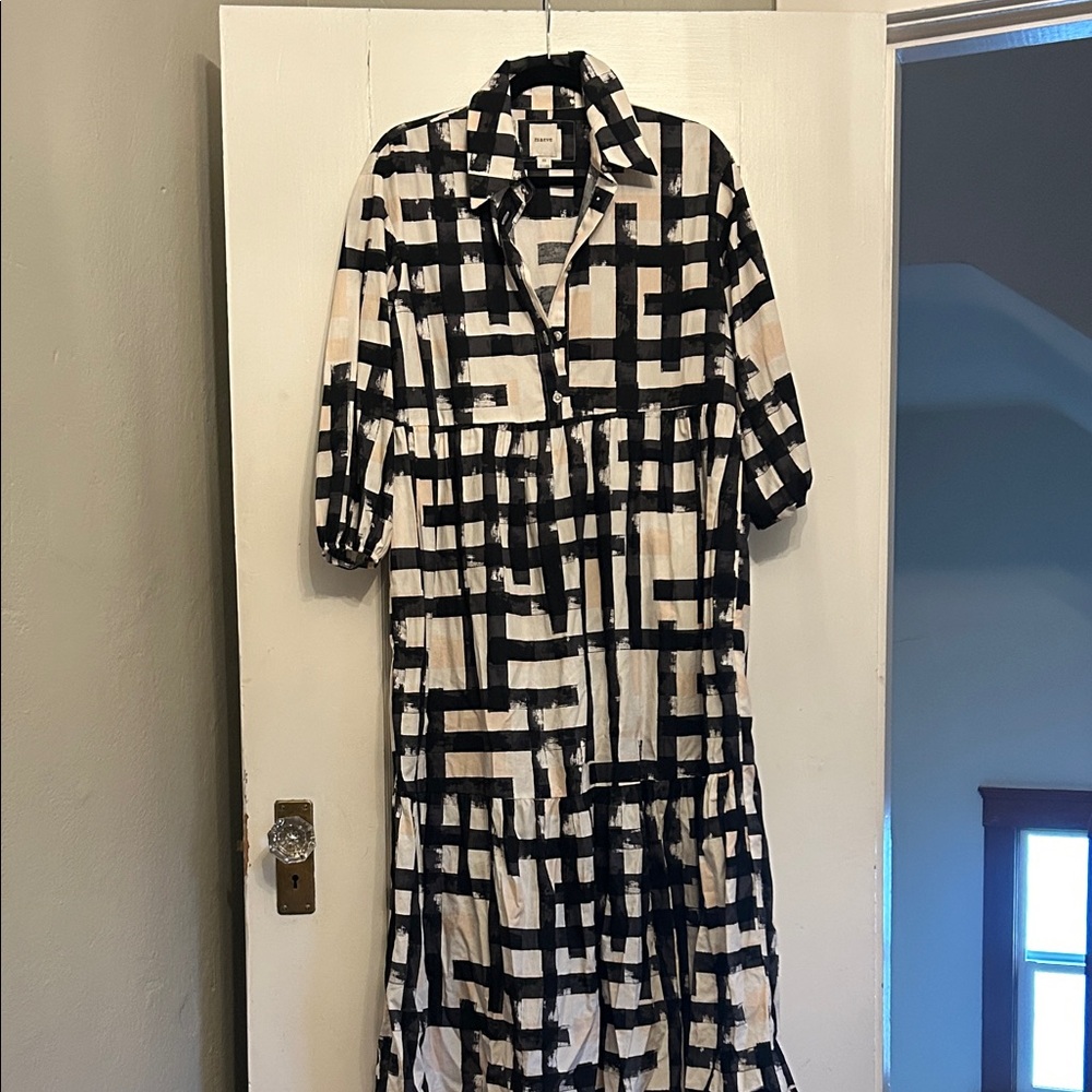 Anthropologie Black and Cream Geometric Long Sleeve Dress